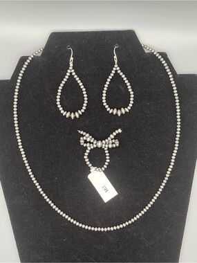 Sterling Silver 18-20 Inch Navajo Pearl Necklace, Earring, Ring Set
